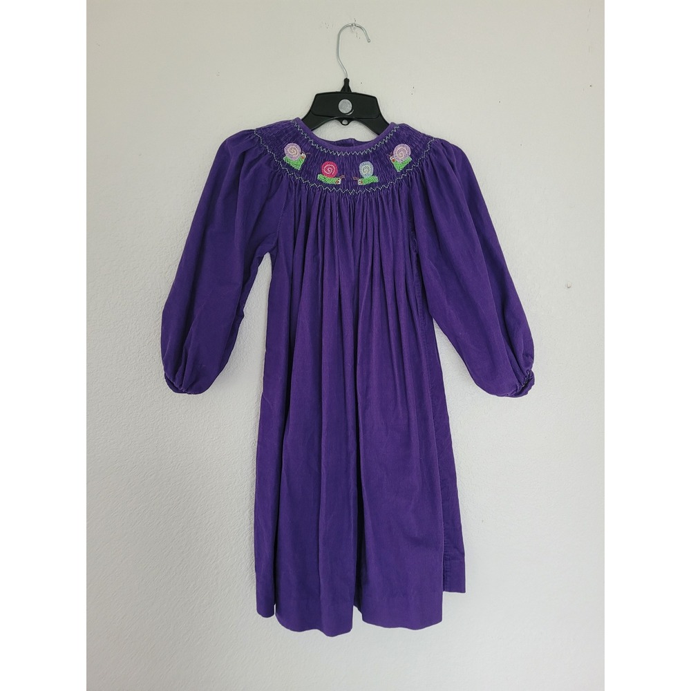 Royal Child Purple Corduroy Smocked Bishop Dress Embroidered Snails Girls 6X #10